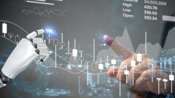 Human hand and robotic hand reaching toward each other over digital data graphics, representing AI in asset management and human accountability.