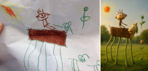 Original child’s drawing beside an AI-generated interpretation, illustrating how AI can confidently complete an incomplete picture.